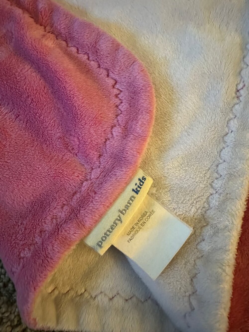 Pottery Barn Kids Baby Chamois Thick Blanket Dark Pink & Cream zig-zag stitching